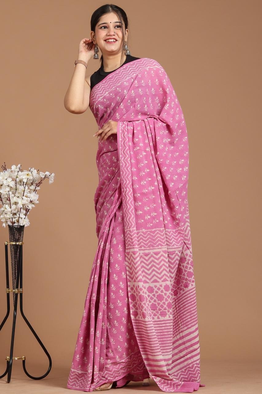 Cotton Hand Block Printed Saree