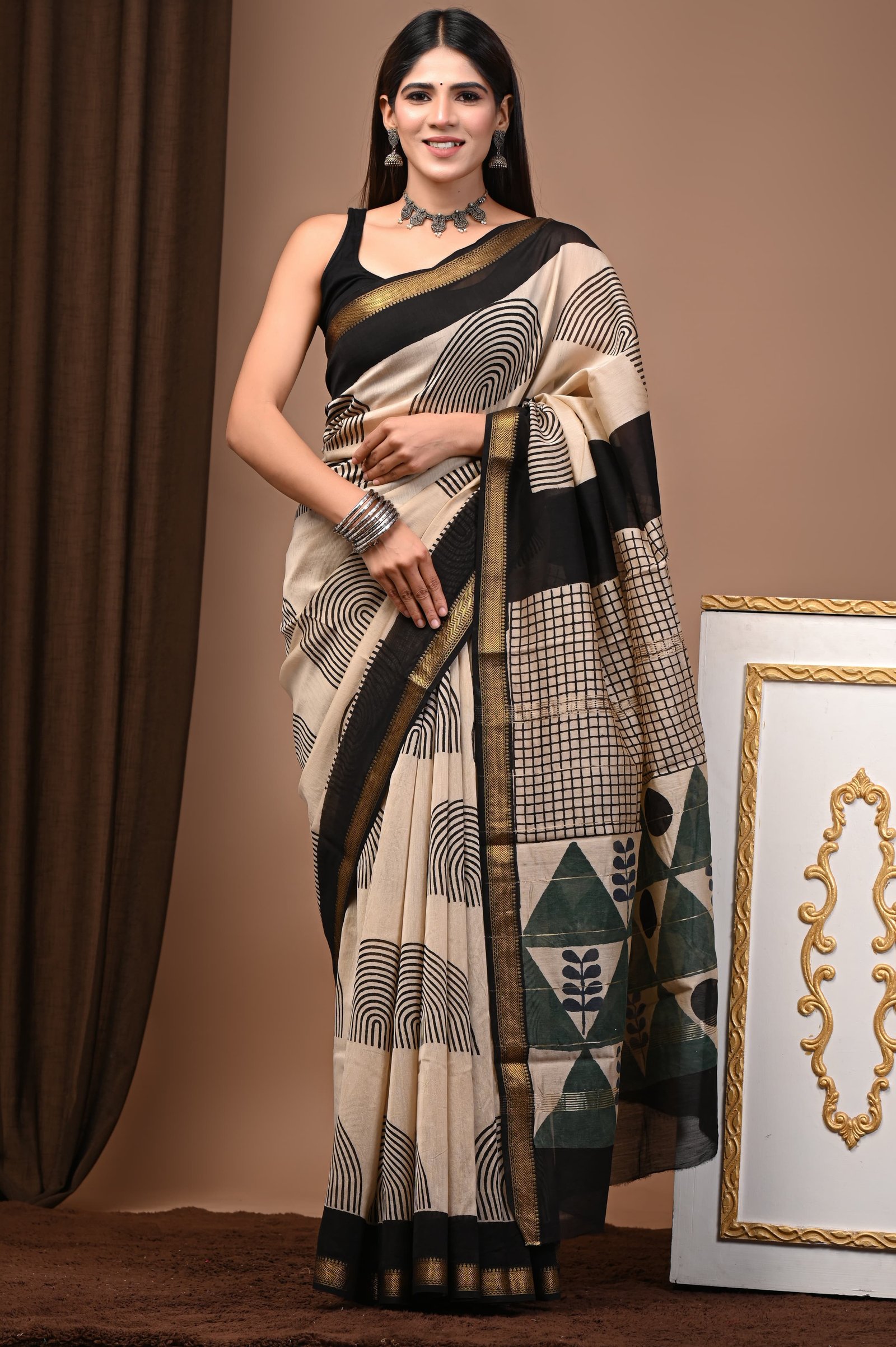 Maheshwari Hand Block Printed Saree