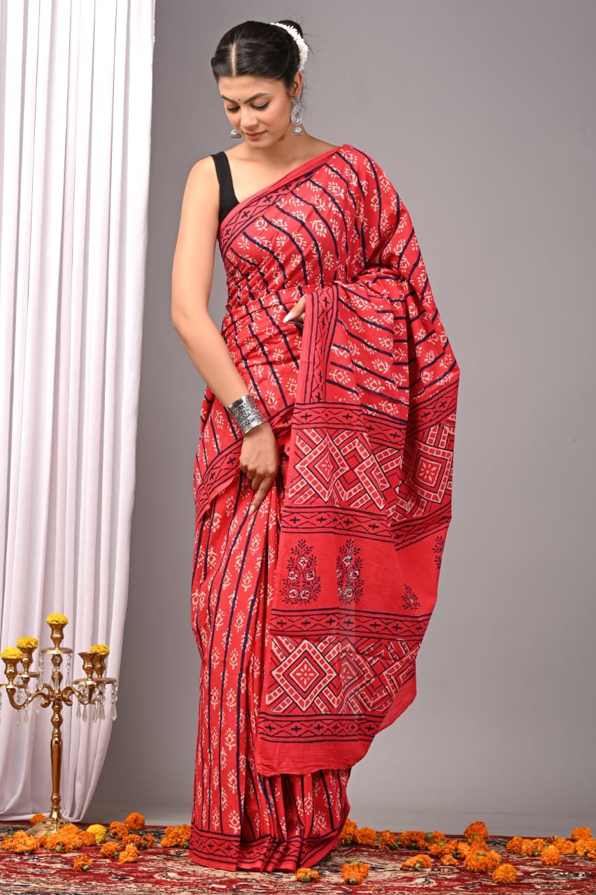 Cotton Hand Block Printed Saree