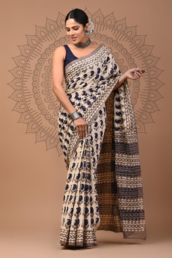 Cotton Hand Block Printed Saree