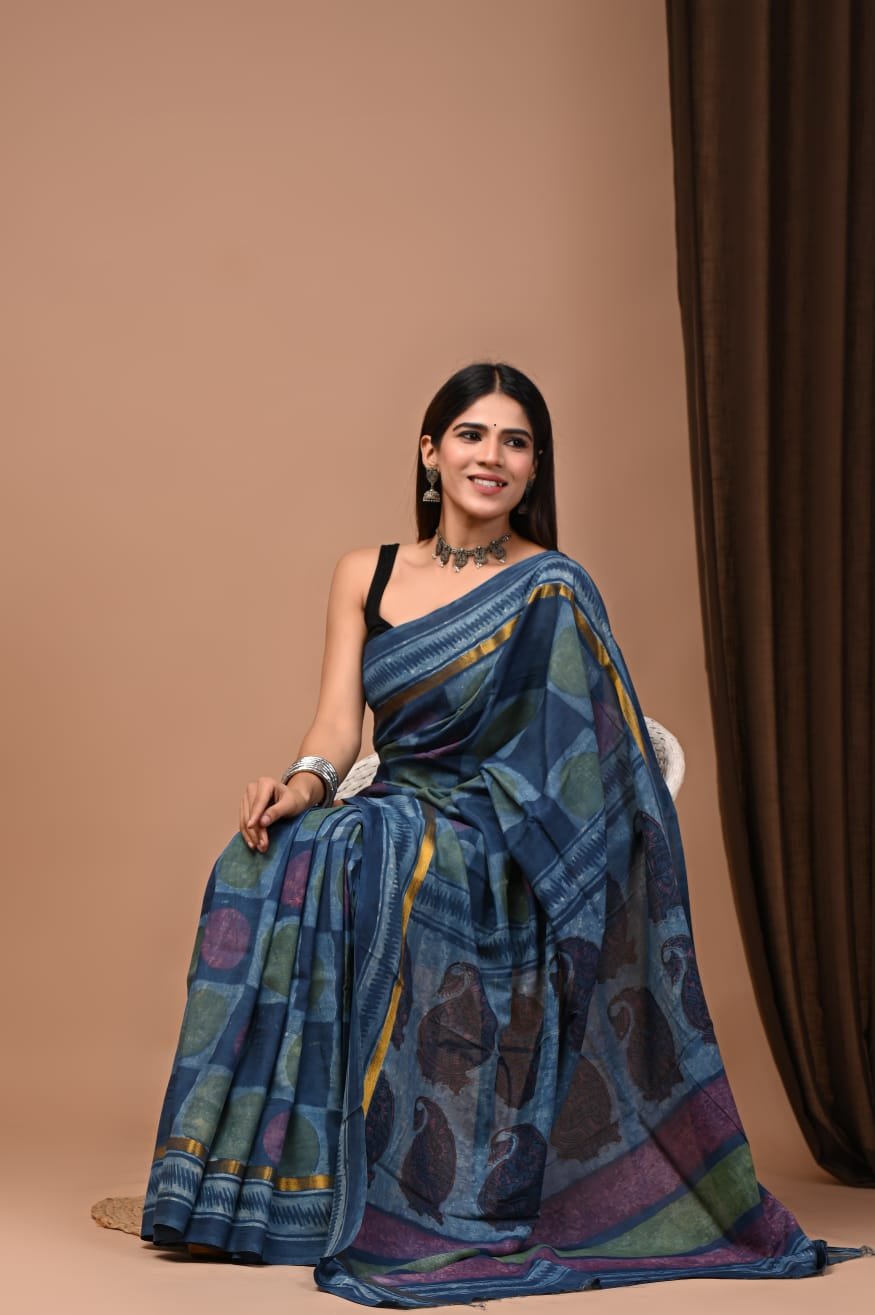 Hand Block Printed Assam Silk Saree