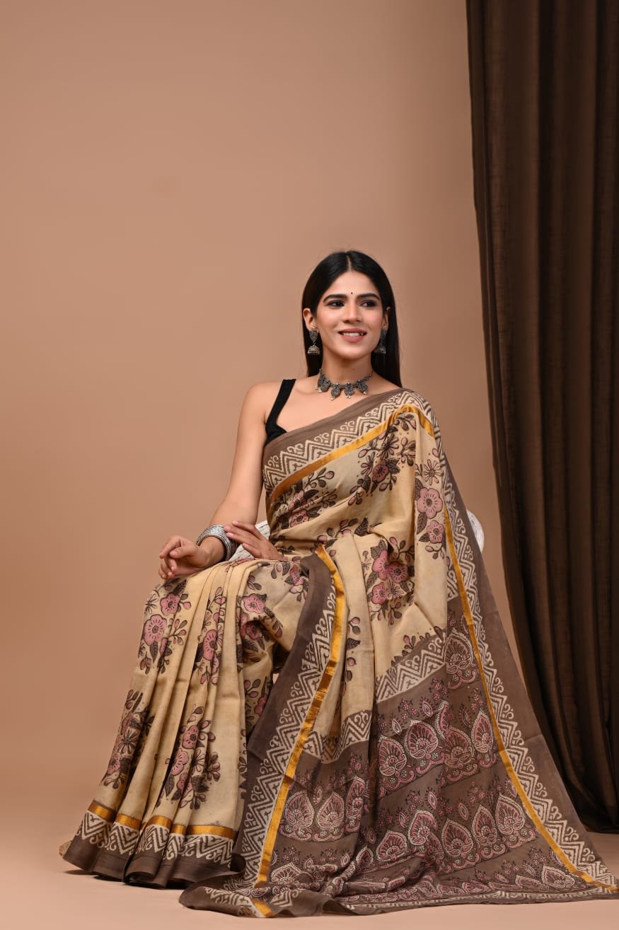 Hand Block Printed Assam Silk Saree