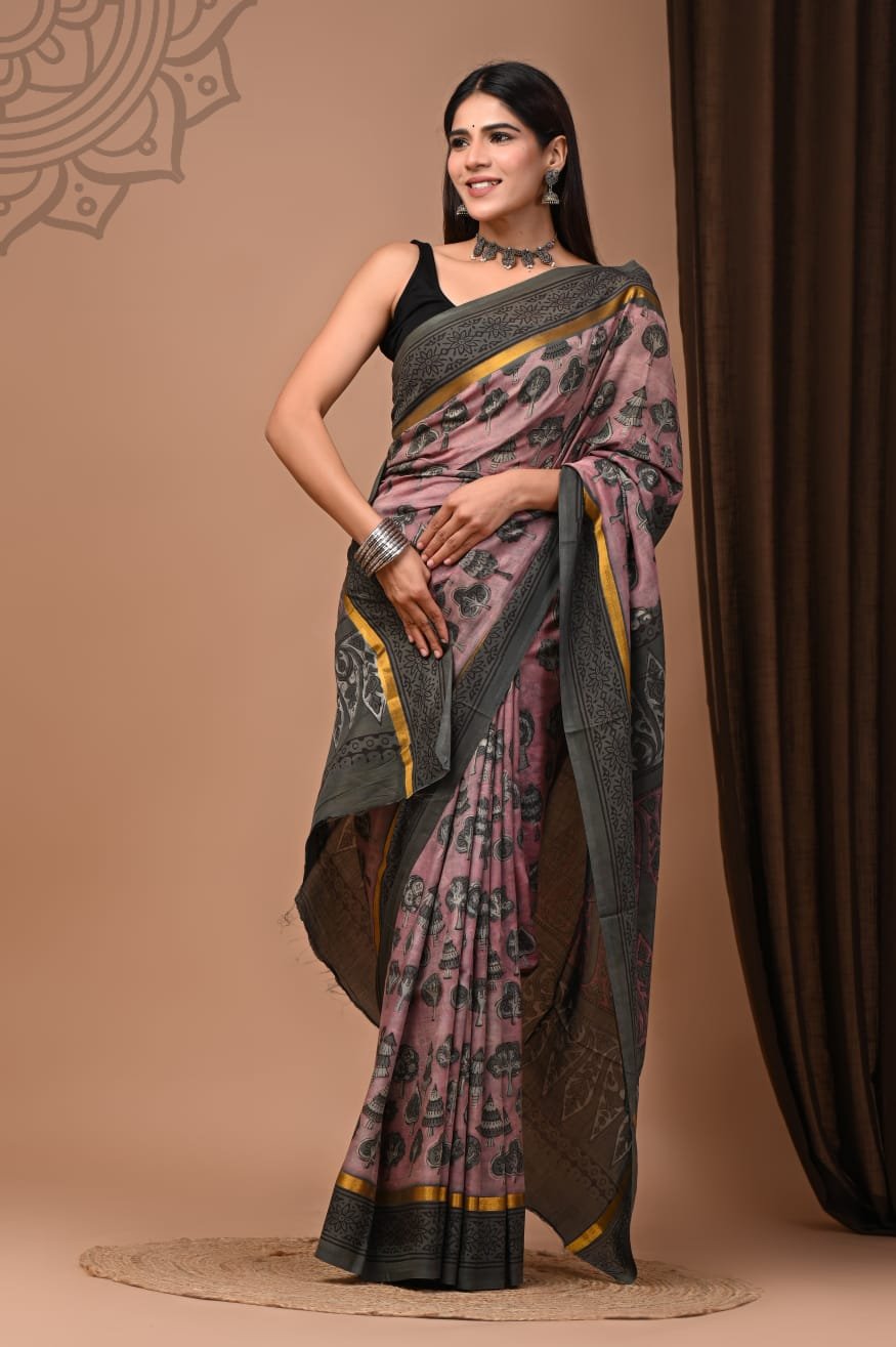 Hand Block Printed Assam Silk Saree