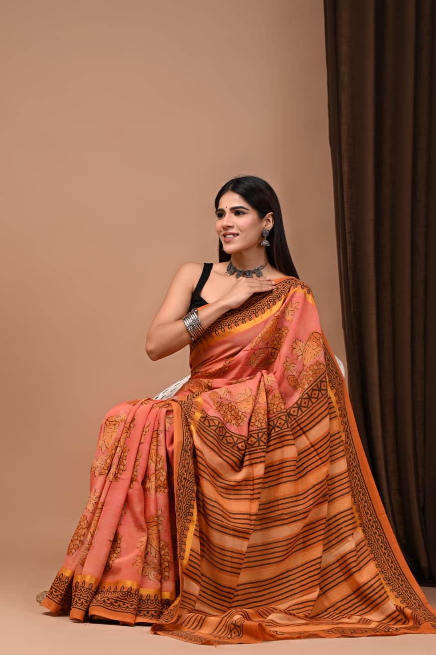 Hand Block Printed Assam Silk Saree