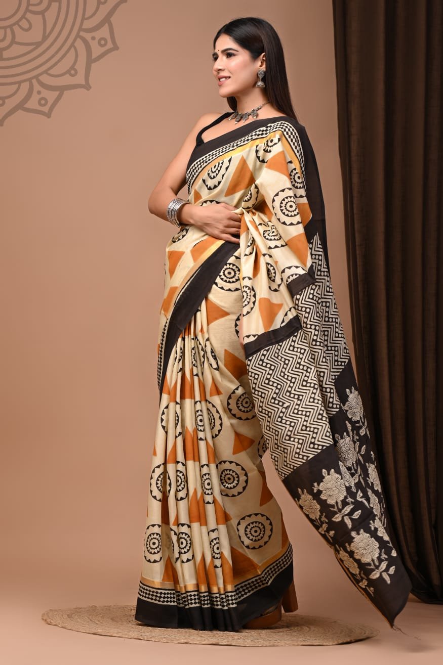 Hand Block Printed Assam Silk Saree