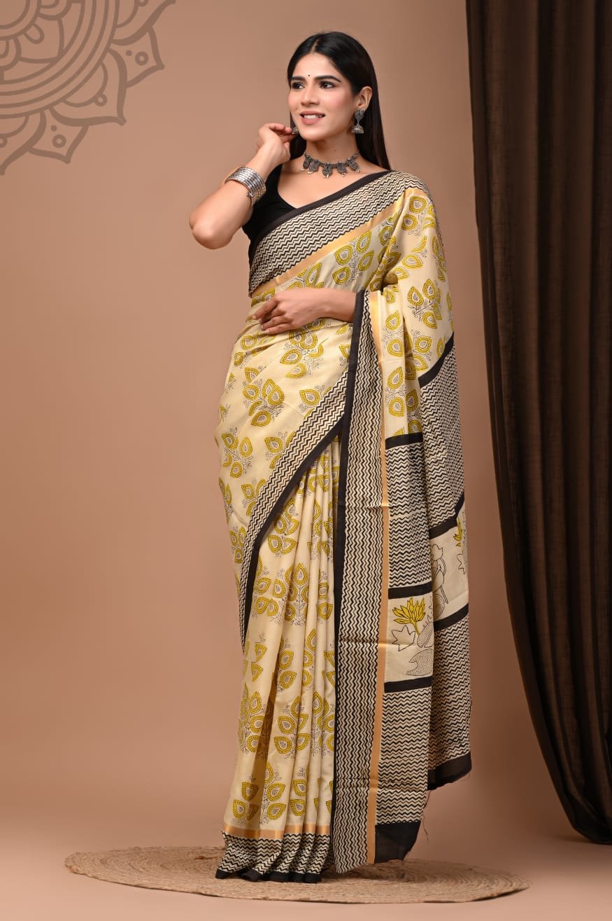 Hand Block Printed Assam Silk Saree