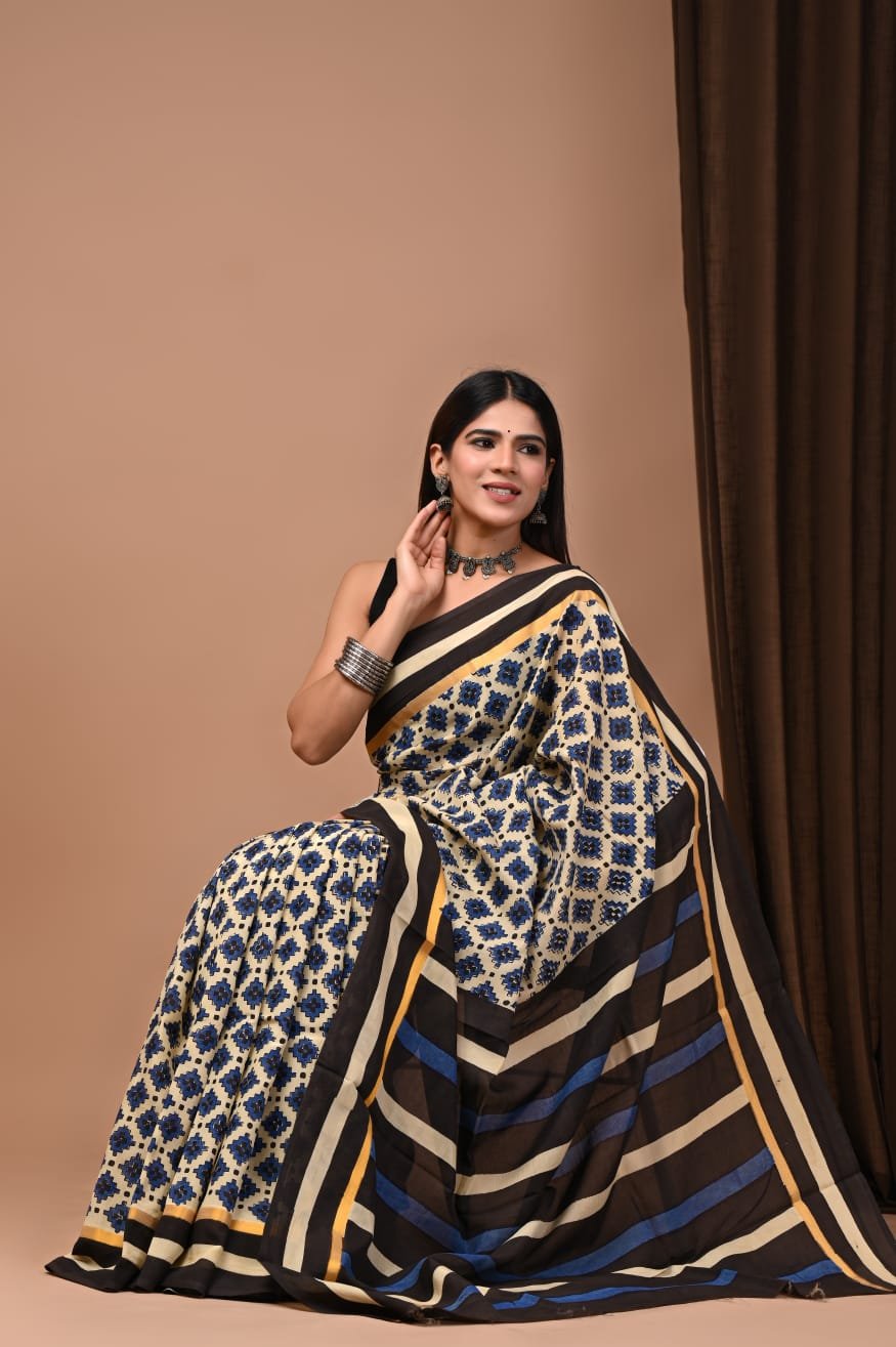 Hand Block Printed Assam Silk Saree