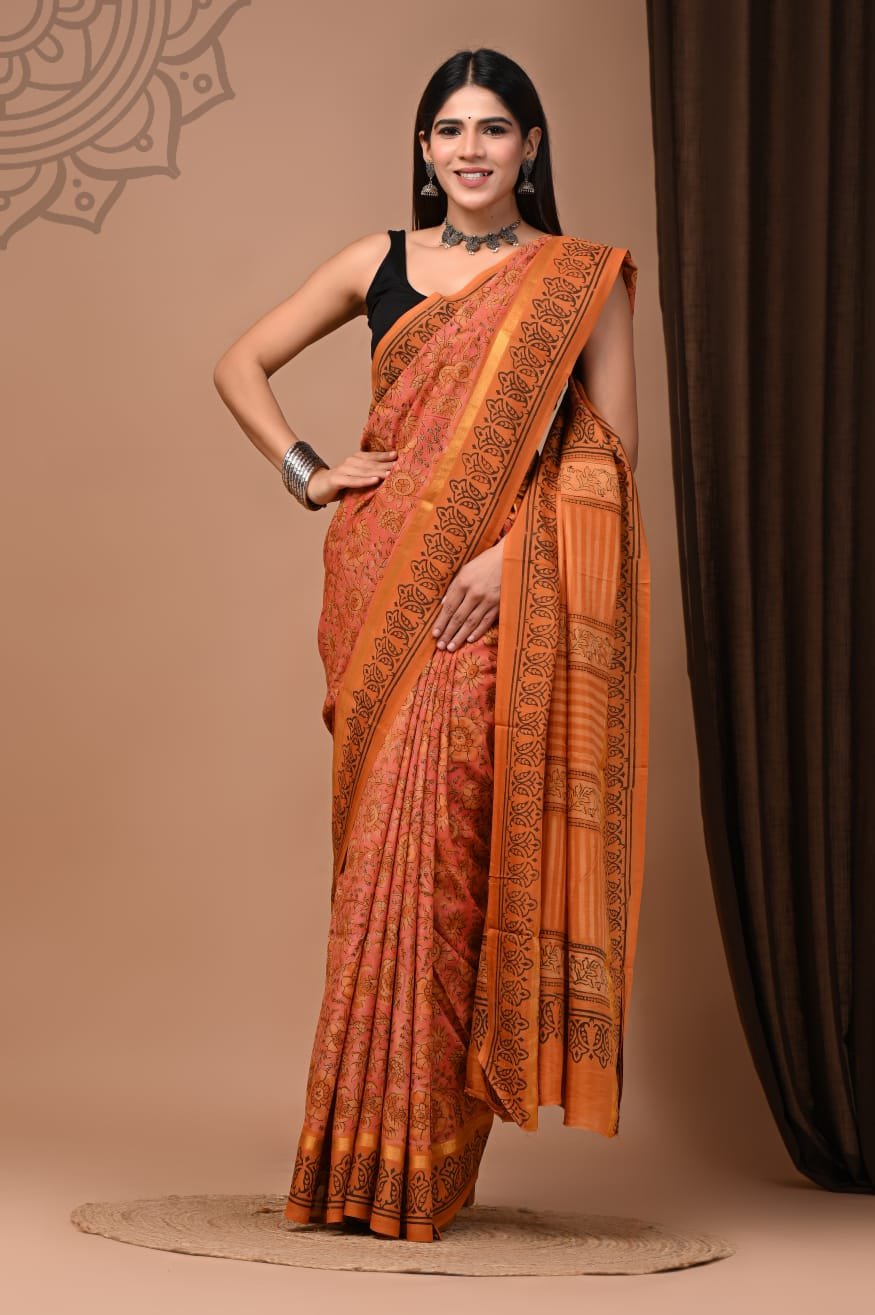 Hand Block Printed Assam Silk Saree
