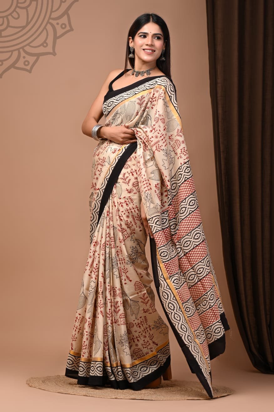 Hand Block Printed Assam Silk Saree