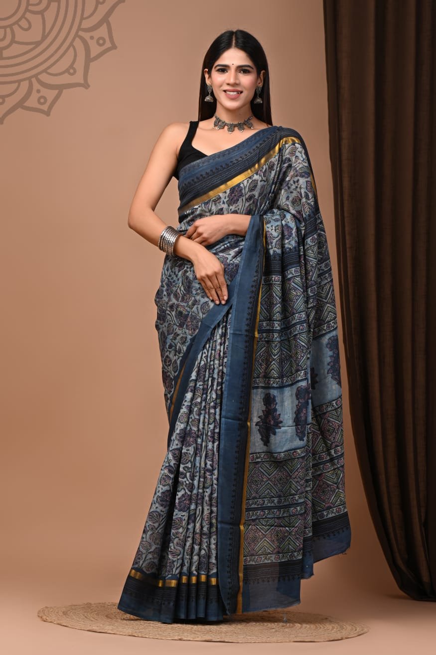 Hand Block Printed Assam Silk Saree