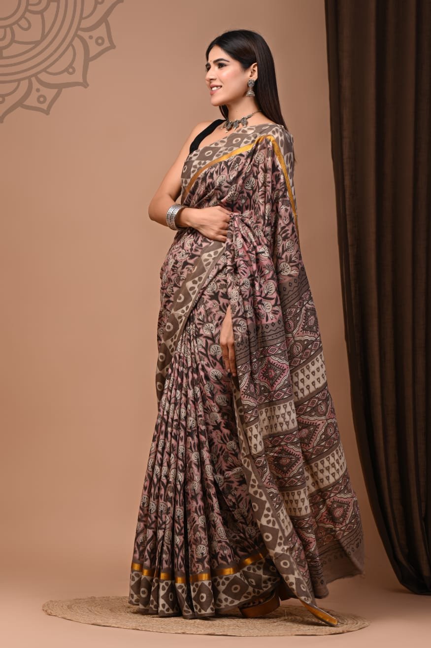 Hand Block Printed Assam Silk Saree