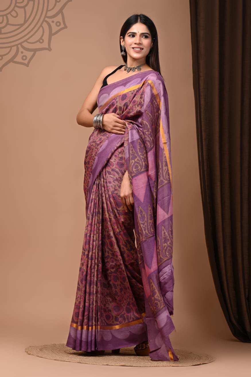 Hand Block Printed Assam Silk Saree