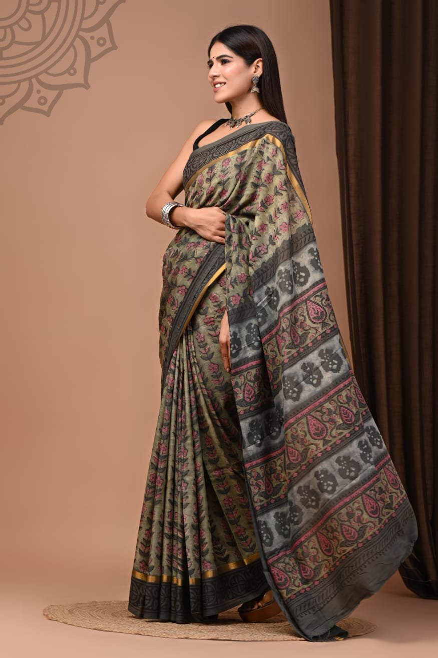 Hand Block Printed Assam Silk Saree