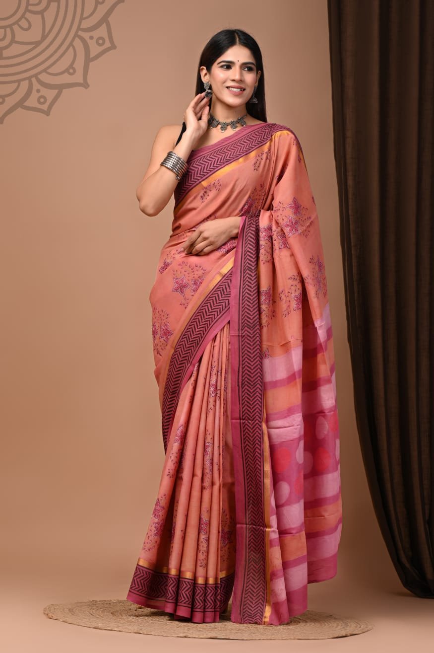 Hand Block Printed Assam Silk Saree