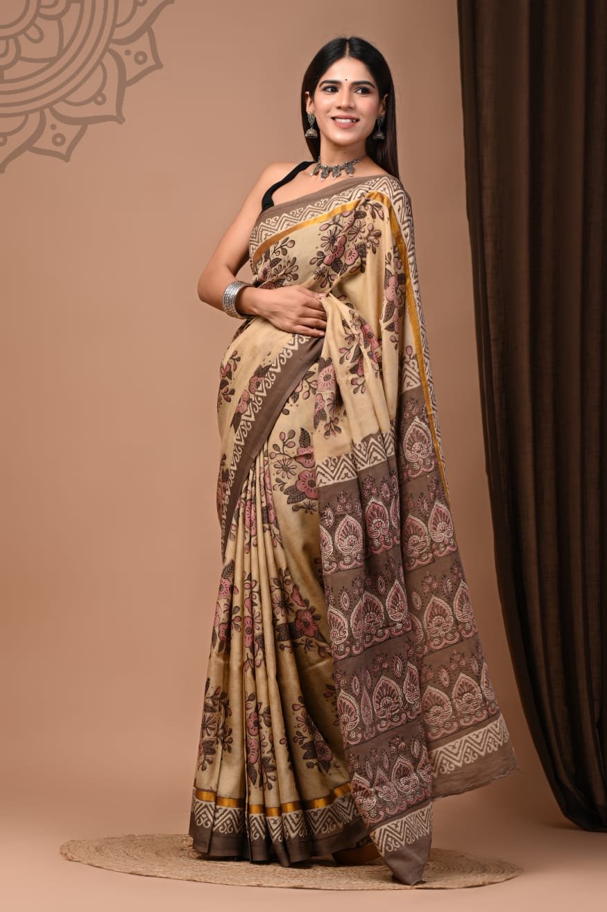 Hand Block Printed Assam Silk Saree