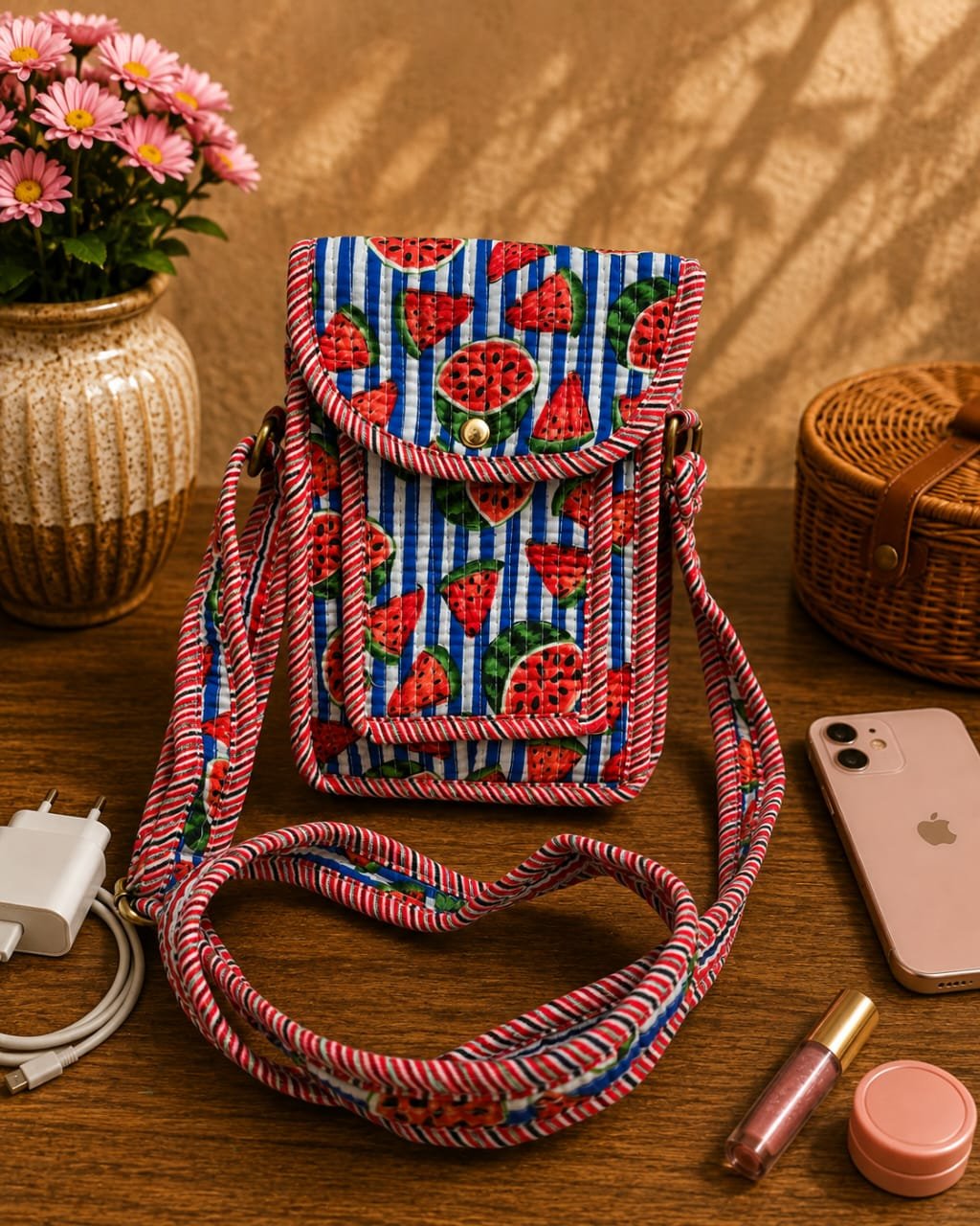 Cotton Printed Quilted Mobile Sling Bag