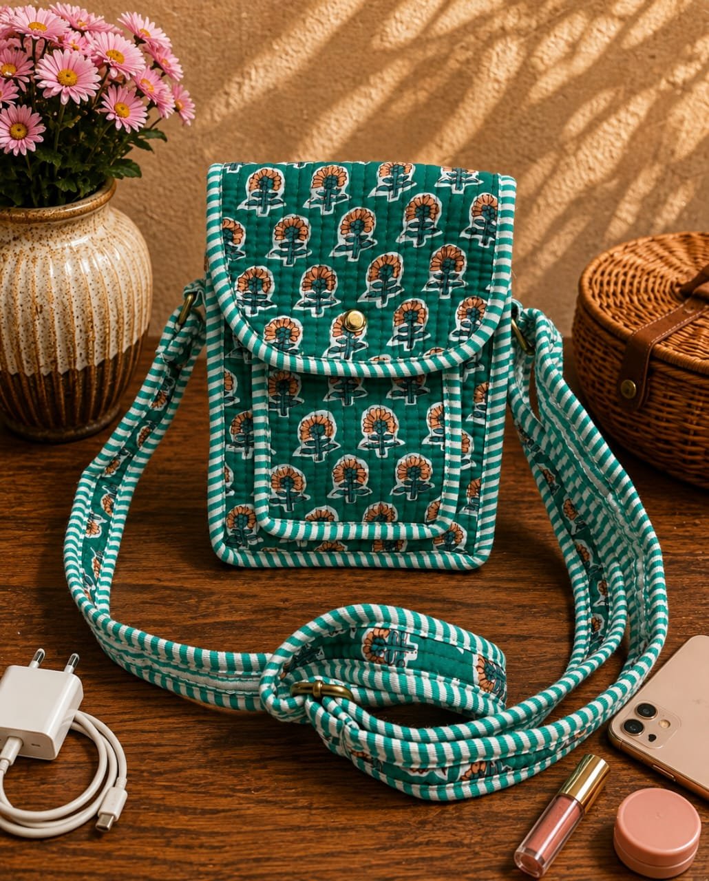 Cotton Printed Quilted Mobile Sling Bag
