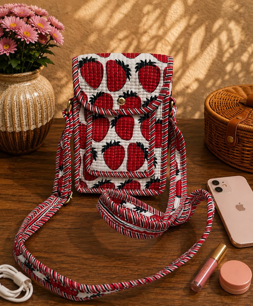Cotton Printed Quilted Mobile Sling Bag