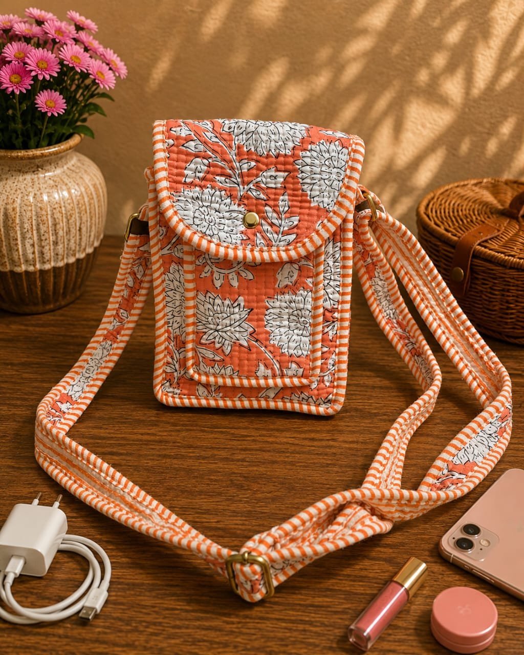 Cotton Printed Quilted Mobile Sling Bag