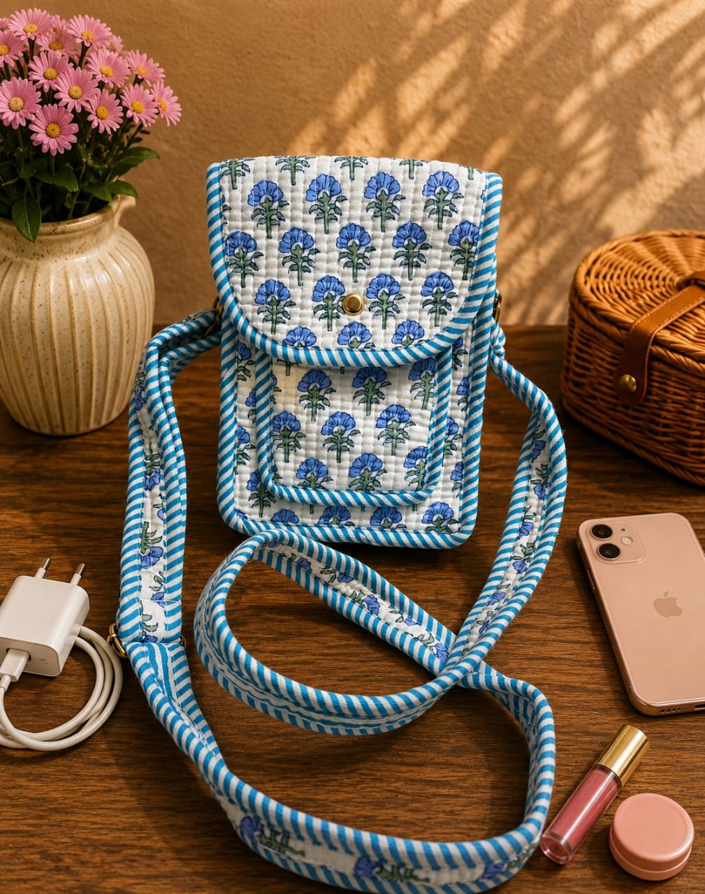 Cotton Printed Quilted Mobile Sling Bag