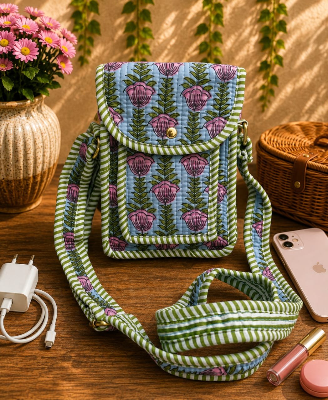 Cotton Printed Quilted Mobile Sling Bag
