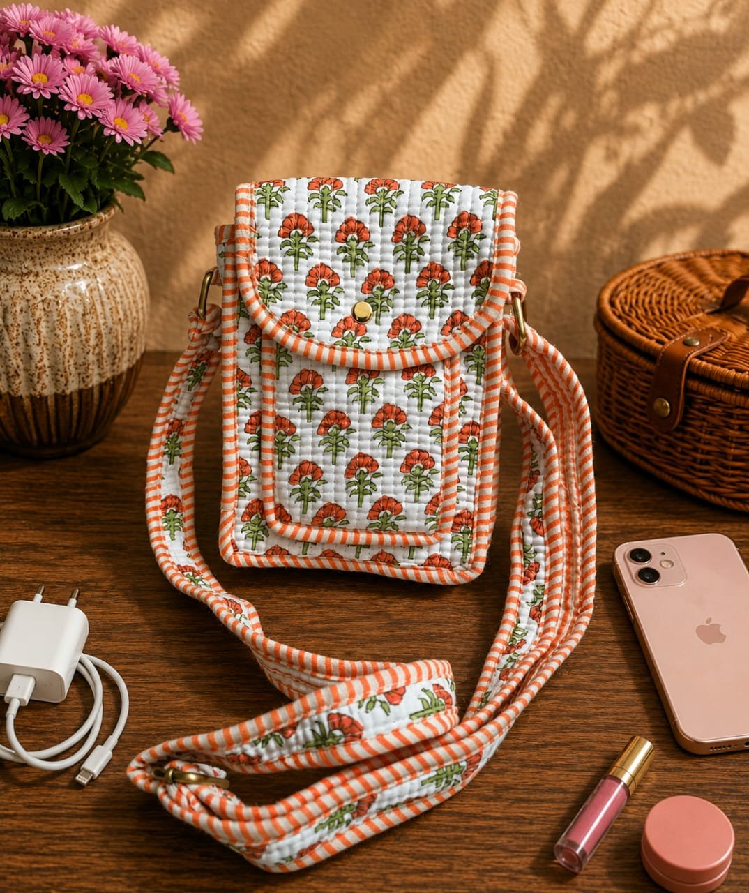 Cotton Printed Quilted Mobile Sling Bag