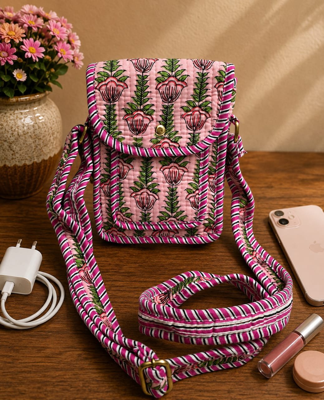 Cotton Printed Quilted Mobile Sling Bag