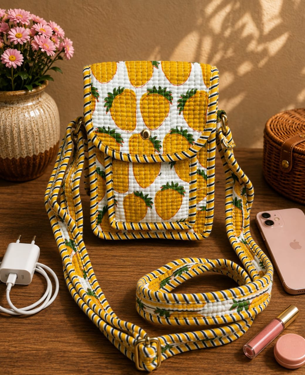 Cotton Printed Quilted Mobile Sling Bag