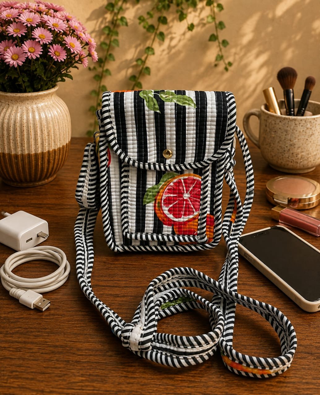 Cotton Printed Quilted Mobile Sling Bag