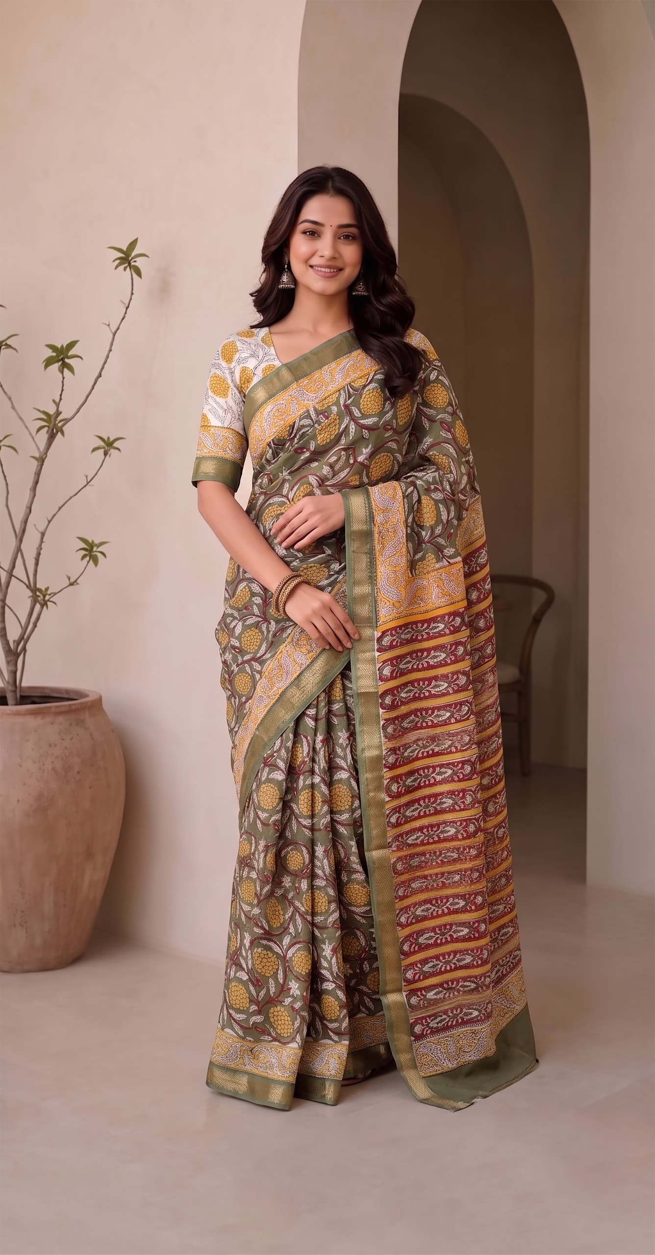 Maheshwari Hand Block Printed Saree