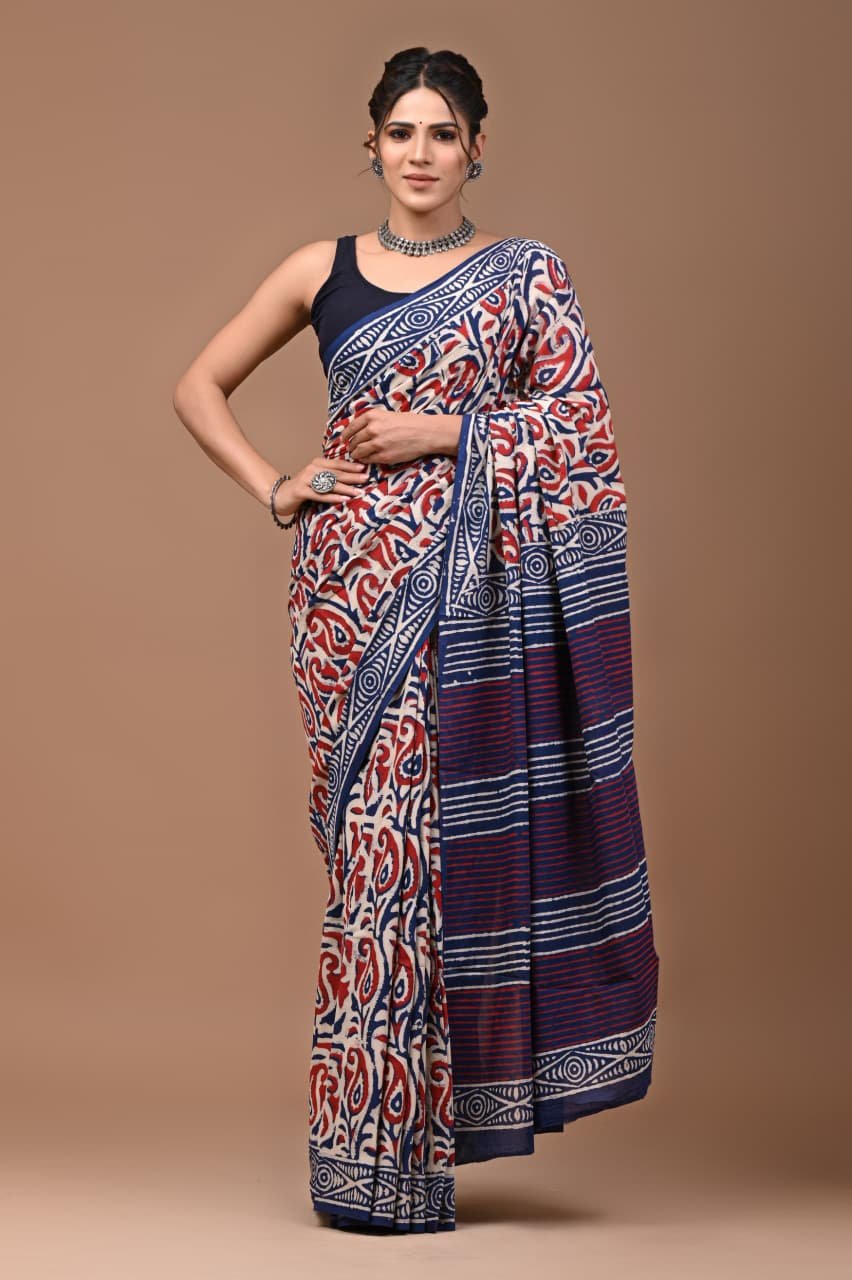 Cotton Hand Block Printed Saree