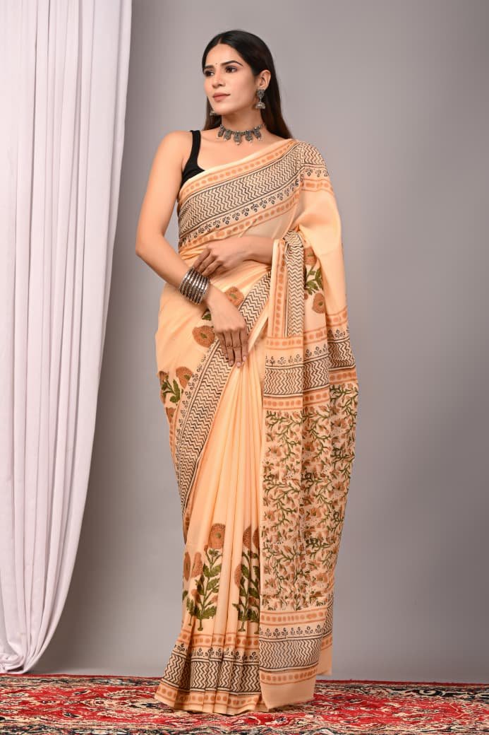 Cotton Hand Block Printed Saree