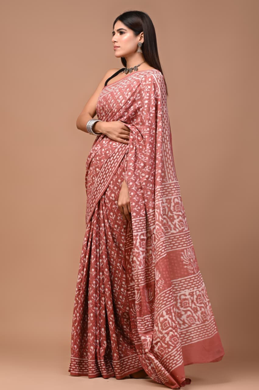Cotton Hand Block Printed Saree