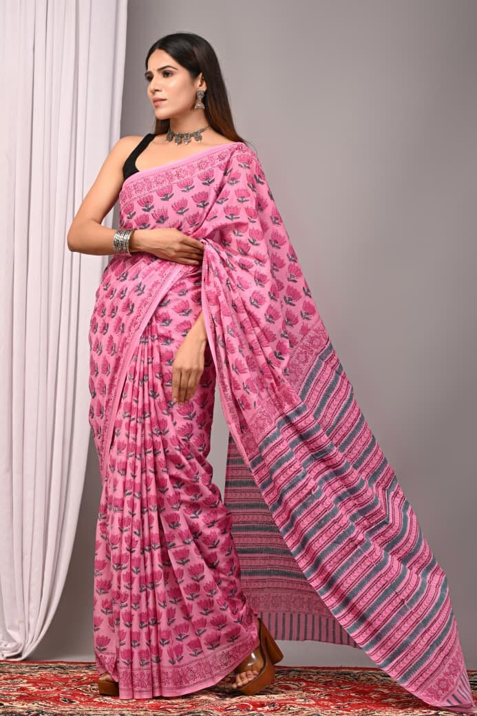 Cotton Hand Block Printed Saree