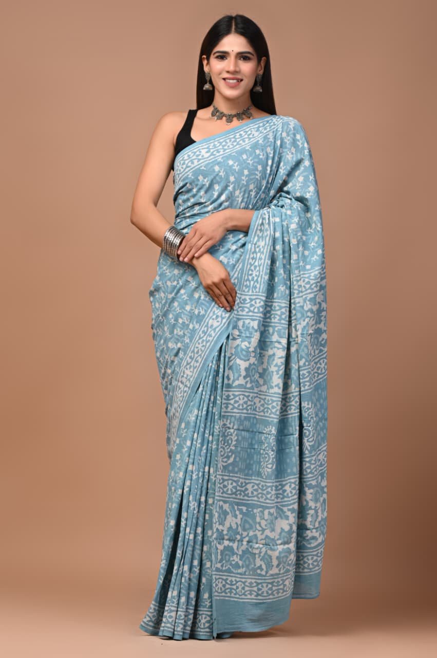 Cotton Hand Block Printed Saree