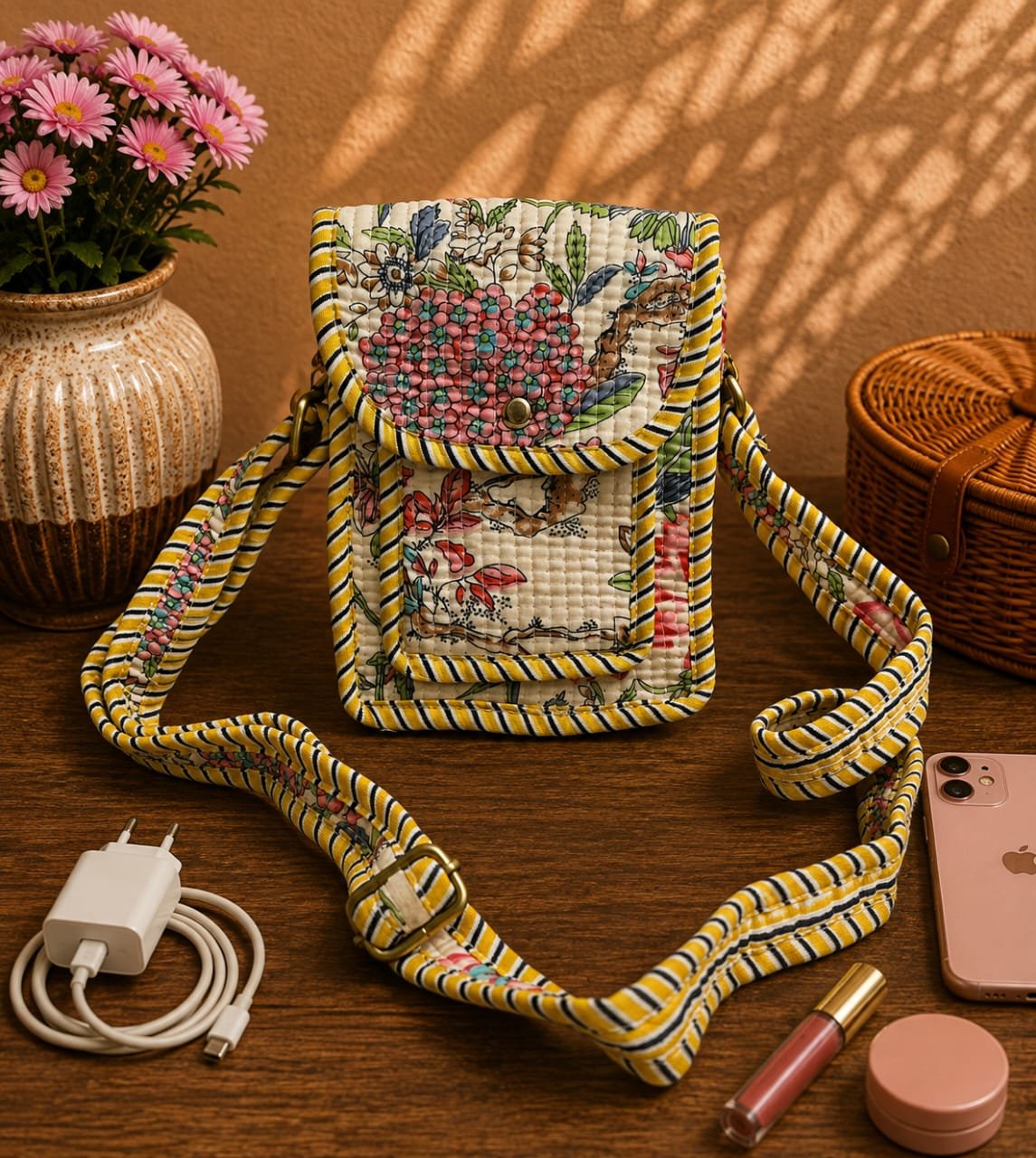 Cotton Printed Quilted Mobile Sling Bag