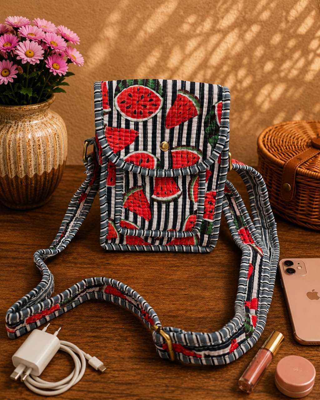 Cotton Printed Quilted Mobile Sling Bag