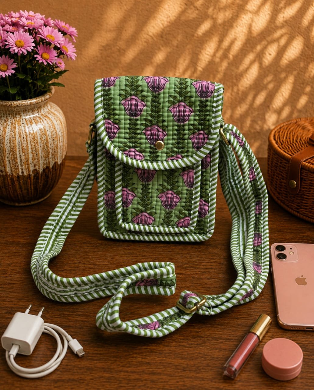 Cotton Printed Quilted Mobile Sling Bag