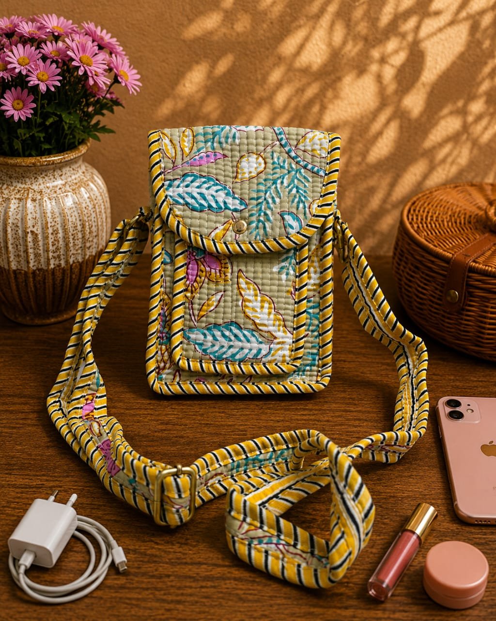 Cotton Printed Quilted Mobile Sling Bag