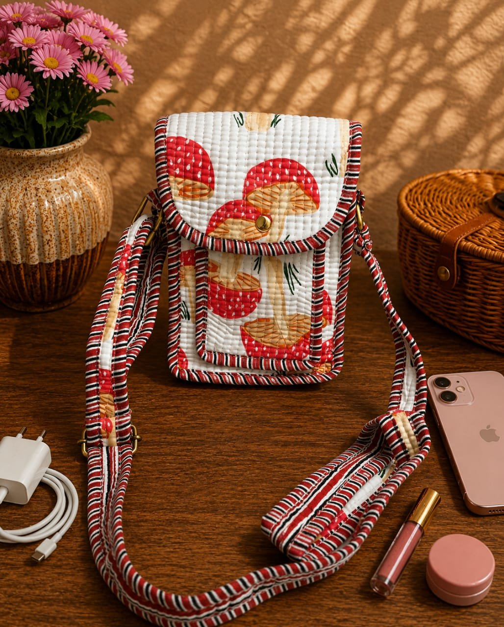 Cotton Printed Quilted Mobile Sling Bag
