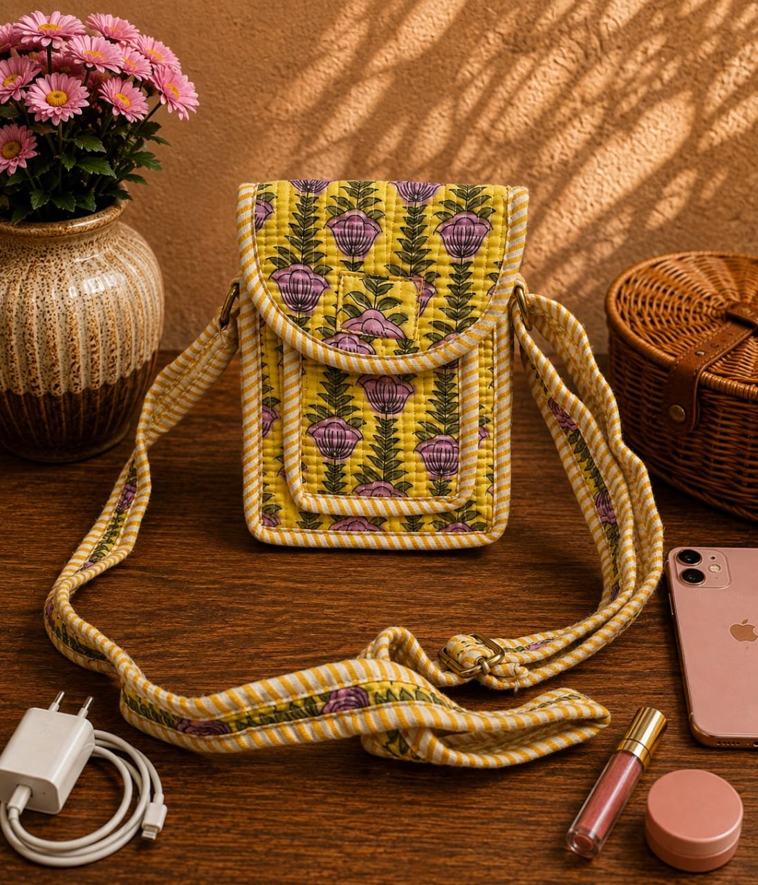 Cotton Printed Quilted Mobile Sling Bag