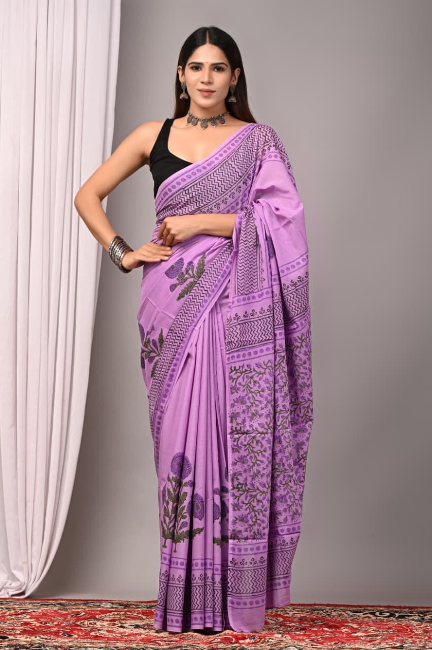 Cotton Hand Block Printed Saree