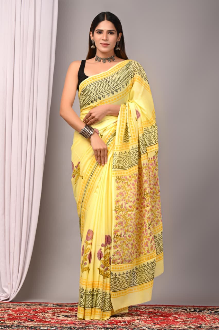 Cotton Hand Block Printed Saree
