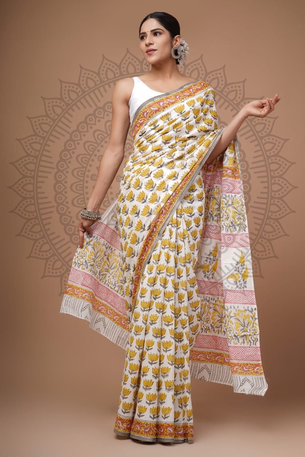 Cotton Hand Block Printed Saree