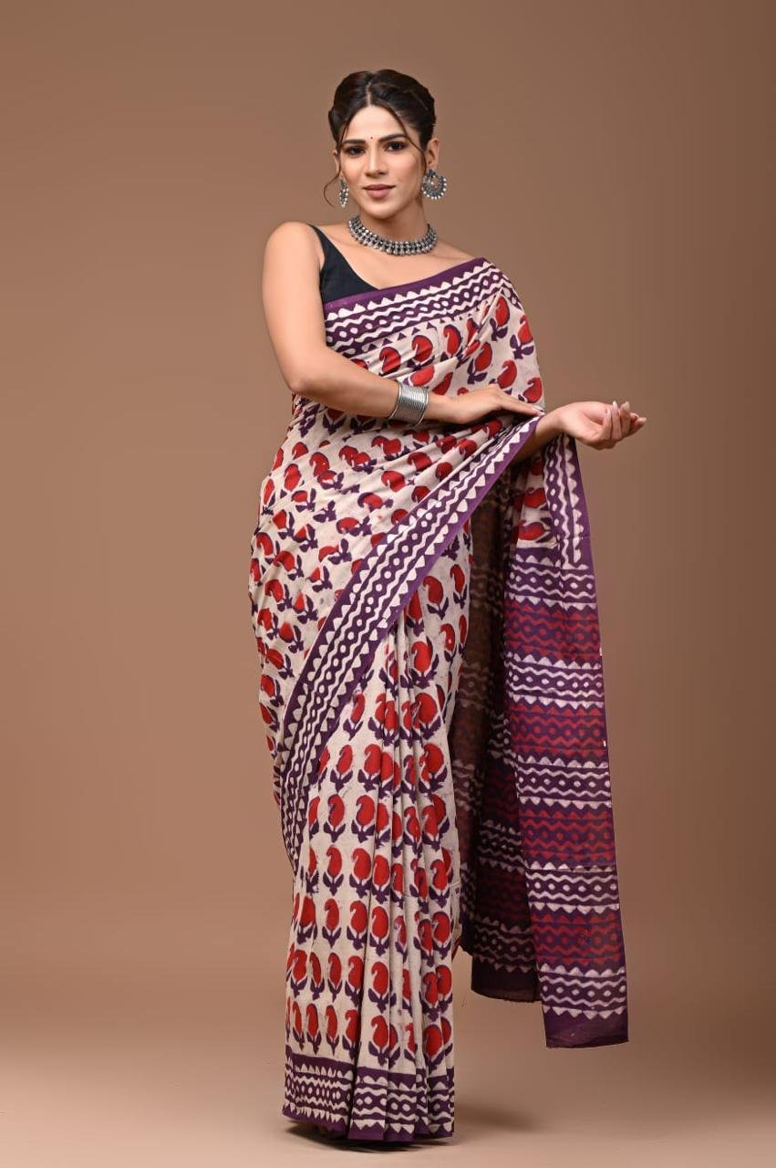 Cotton Hand Block Printed Saree