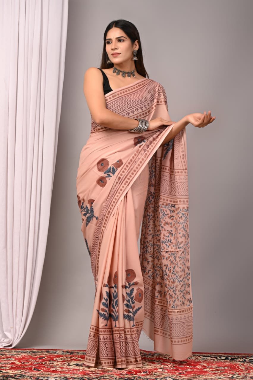Cotton Hand Block Printed Saree