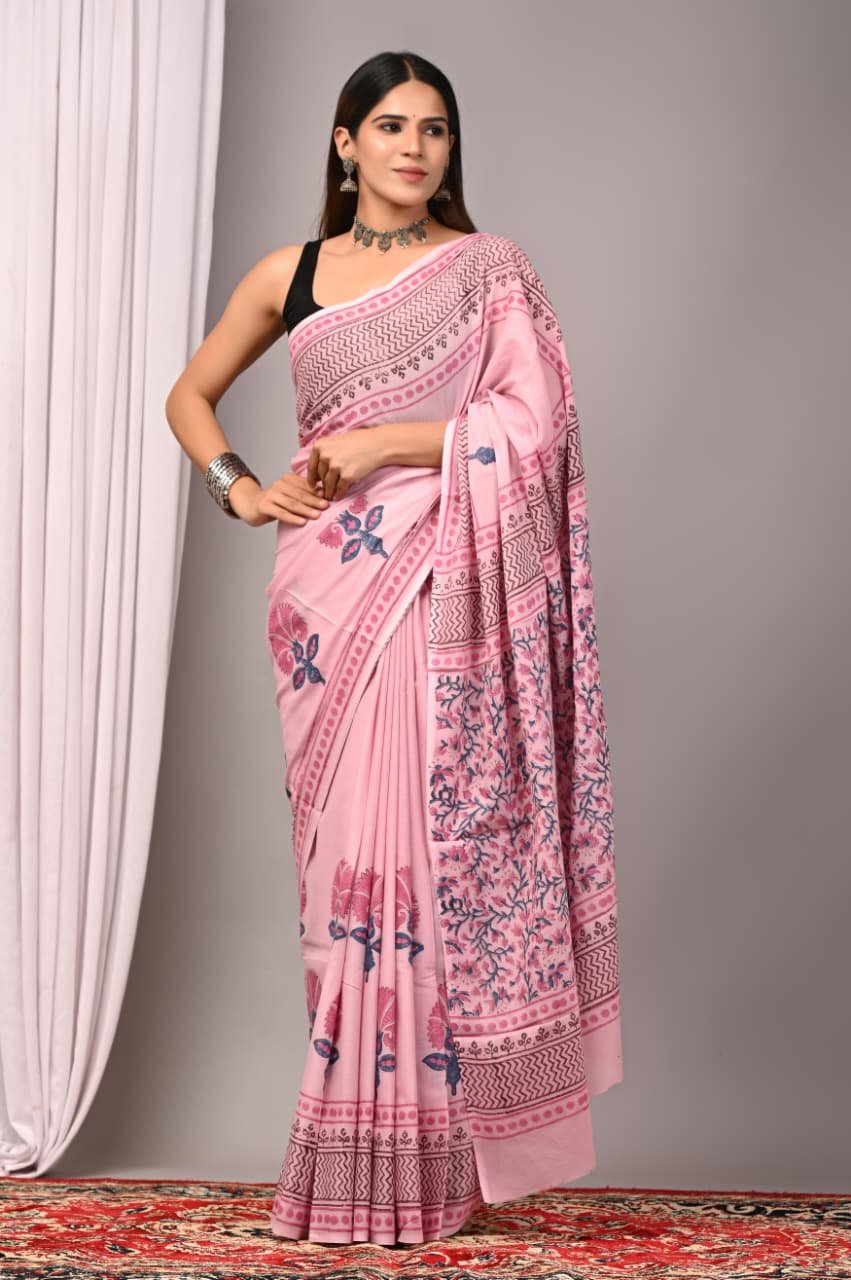 Cotton Hand Block Printed Saree