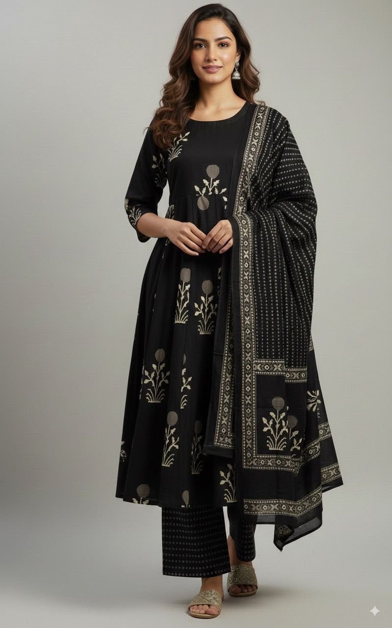 Cotton Printed Anarkali Stitched Suit Set
