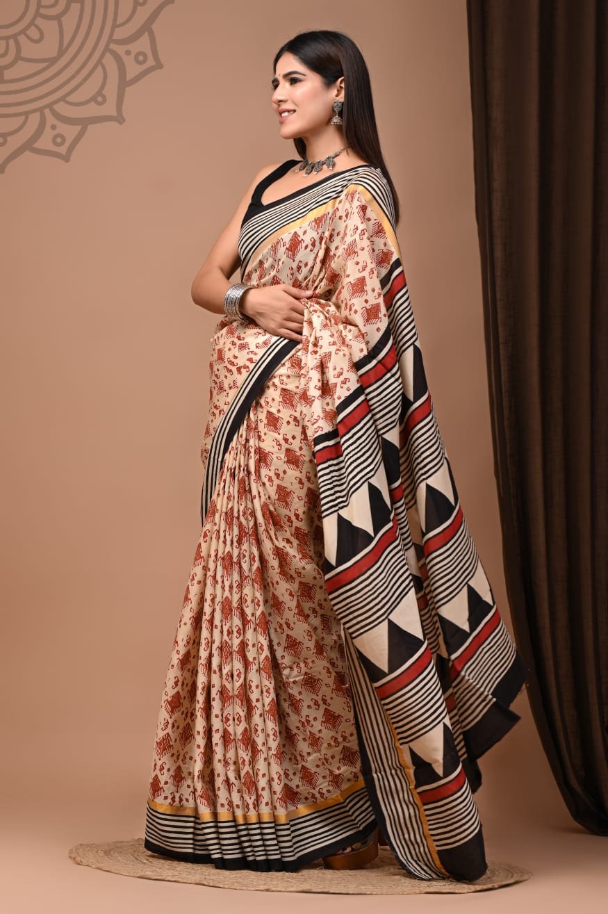 Hand Block Printed Assam Silk Saree