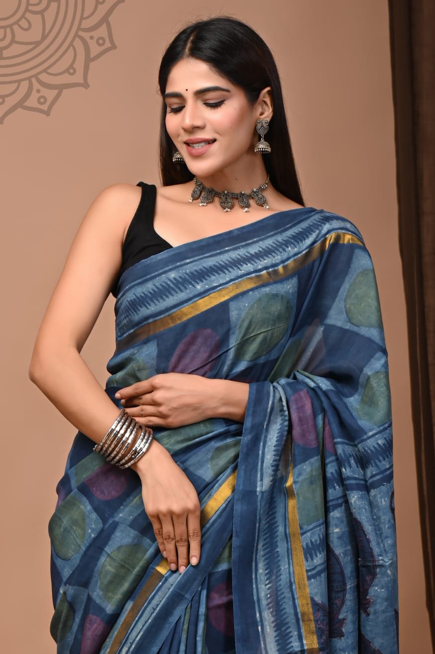 Hand Block Printed Assam Silk Saree